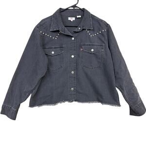 Levis Womens Shirt Black Daniela Denim Snap Button Distressed Cropped Large